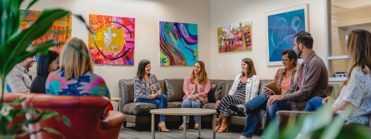 a dynamic urban clinic setting showcasing a diverse group of individuals actively engaging in various addiction treatment therapies, with modern furnishings and inspirational artwork enhancing the atmosphere of hope and recovery.