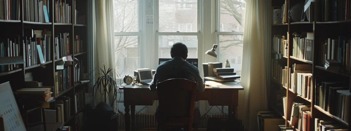 a focused individual in a modern office environment engages in a therapy session via video call, surrounded by books and a laptop, symbolizing the harmonious balance of intensive addiction recovery with everyday responsibilities like work and study.