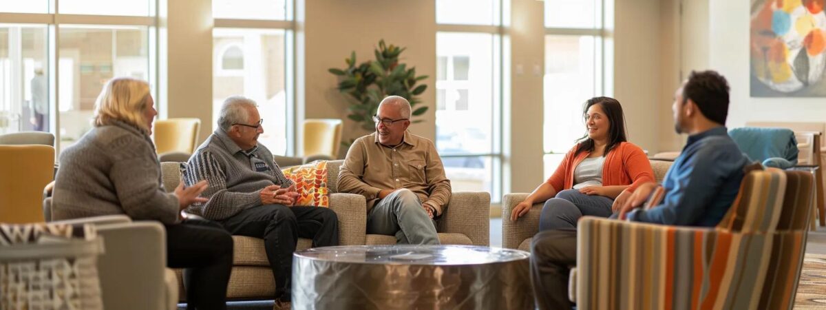 a group of engaged individuals in a welcoming and modern drug rehabilitation center, sharing encouraging conversations in a cozy lounge area that promotes connection and support during the recovery process.