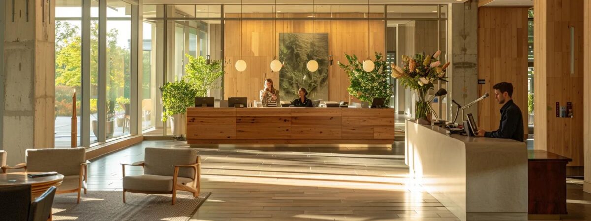 a modern treatment center in new hampshire, featuring a warm, inviting reception area with professional staff engaging with diverse clients, highlighting the specialized drug treatment tracks tailored to individual needs.