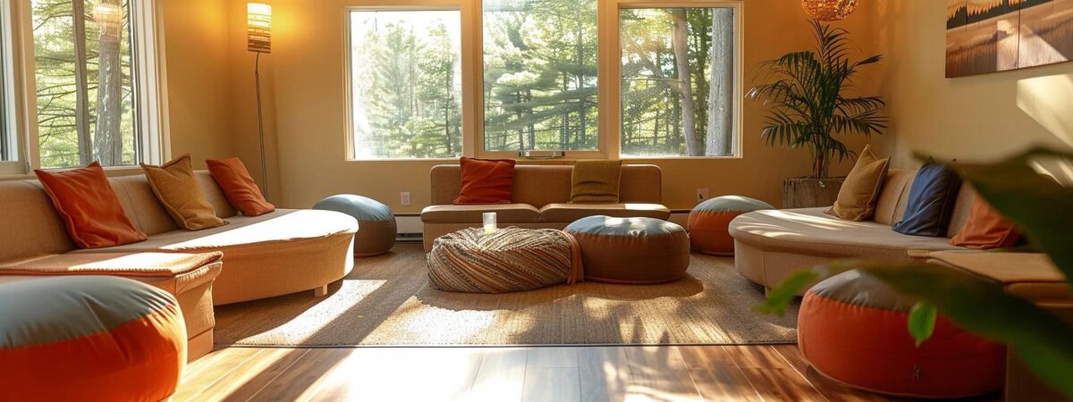 a serene, modern interior of a php addiction recovery center in new hampshire, featuring warm, inviting tones and comfortable seating arrangements that promote a sense of safety and community among individuals engaged in therapeutic activities.