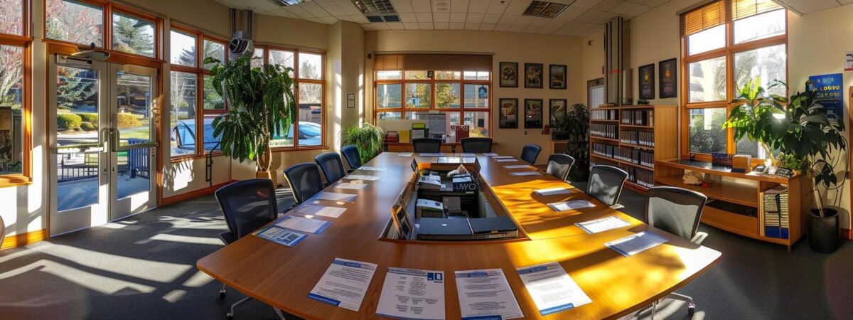 a thoughtfully designed modern office space in new hampshire, featuring a large conference table surrounded by professional brochures and detailed charts on rehab center options, under bright, focused lighting that highlights the importance of informed decision-making in recovery.