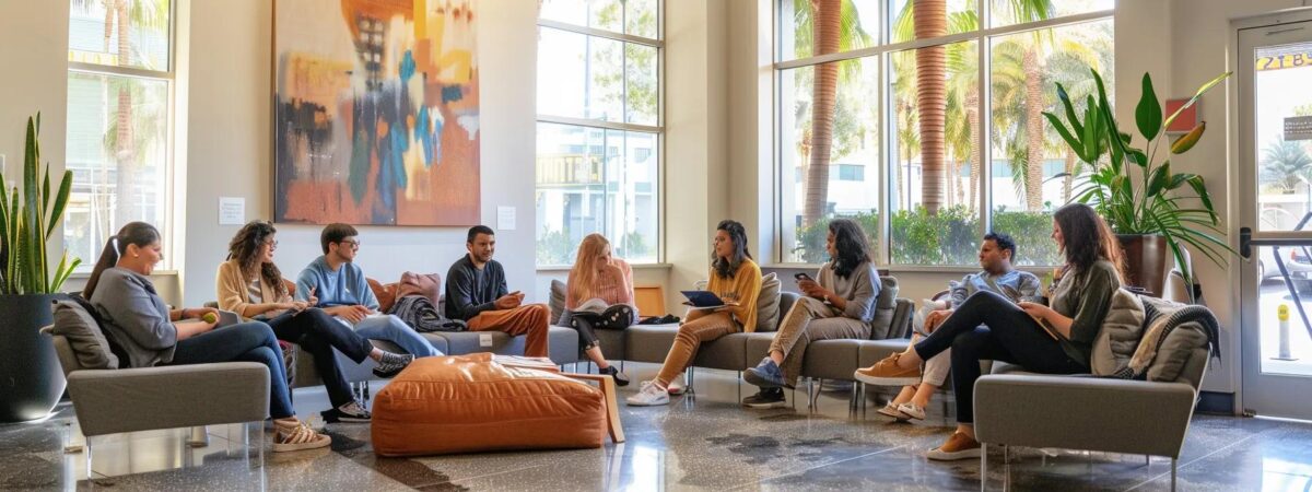 a vibrant, modern therapy center in orange county, california, bustling with diverse individuals engaged in group discussions and therapy sessions, showcasing the dynamic and supportive atmosphere of intensive outpatient programs for mental health recovery. a vibrant, modern therapy center in orange county, california, bustling with diverse individuals engaged in group discussions and therapy sessions, showcasing the dynamic and supportive atmosphere of intensive outpatient programs for mental health recovery.