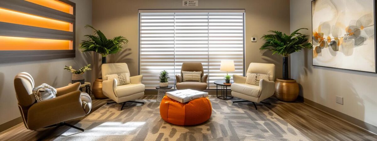 a sleek, modern therapy room in orange county, ca, featuring comfortable seating and subtle decor, designed to showcase the supportive and structured environment of an intensive outpatient program focused on client-centered care.