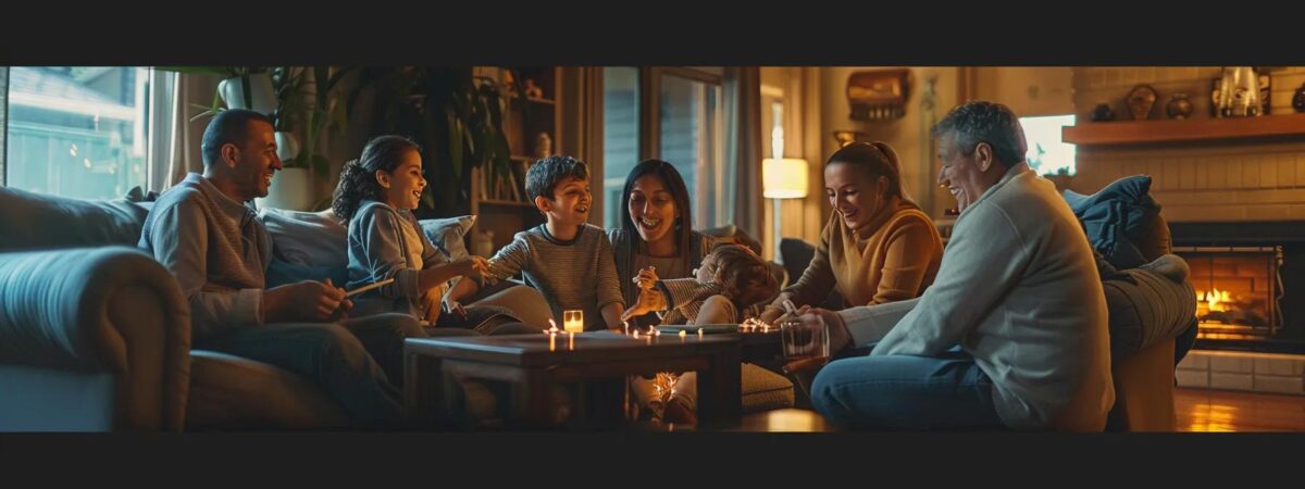 a warm, inviting family gathering in a modern living room setting, where smiling family members actively engage in encouraging dialogue, symbolizing the vital role of family support in the recovery journey within an intensive outpatient program.