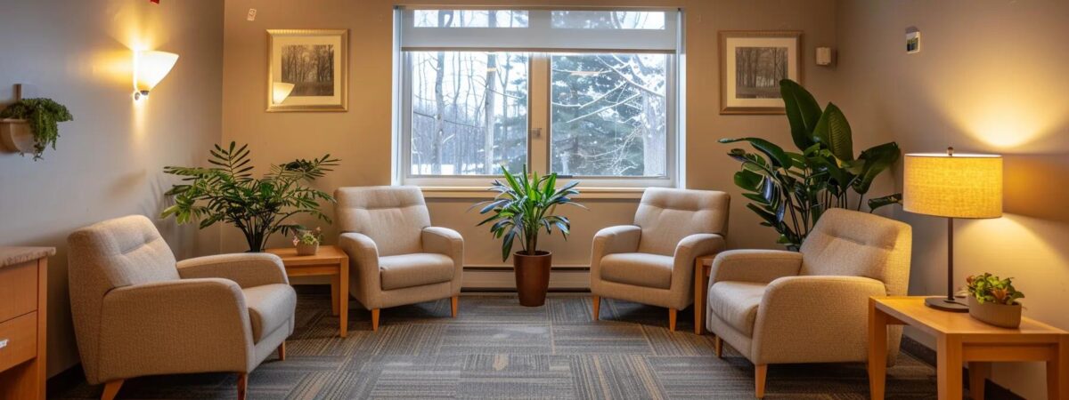 a cozy, inviting group therapy room in a new hampshire facility, featuring comfortable seating and warm lighting, where individuals engaged in specialized addiction care share their experiences in a supportive environment. a cozy, inviting group therapy room in a new hampshire facility, featuring comfortable seating and warm lighting, where individuals engaged in specialized addiction care share their experiences in a supportive environment.
