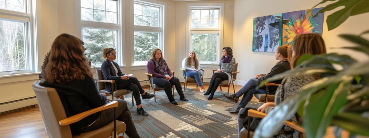 a cozy new hampshire-style therapy room, warmly lit and inviting, showcases a diverse group engaged in a supportive discussion, highlighting the importance of robust aftercare networks in recovery. a cozy new hampshire-style therapy room, warmly lit and inviting, showcases a diverse group engaged in a supportive discussion, highlighting the importance of robust aftercare networks in recovery.