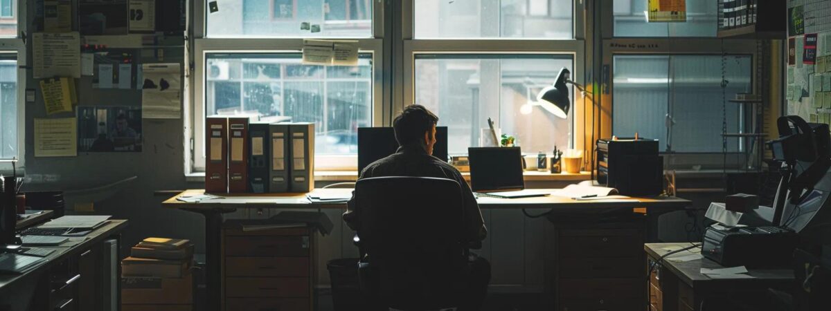 a dimly lit office space is filled with a cluttered desk and a solitary figure sitting nervously in a chair, reflecting a sense of increased isolation and distraction as they stare blankly at a computer screen, visually portraying the stark contrast between their current state and previous productivity. a dimly lit office space is filled with a cluttered desk and a solitary figure sitting nervously in a chair, reflecting a sense of increased isolation and distraction as they stare blankly at a computer screen, visually portraying the stark contrast between their current state and previous productivity.