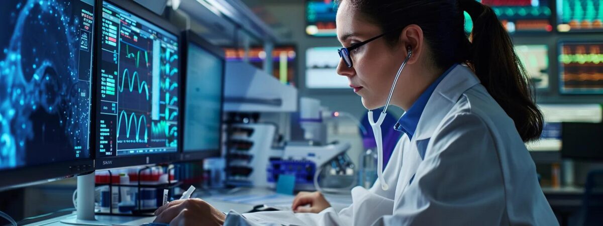 a modern medical office setting features a confident healthcare professional analyzing swab test results on a high-tech computer, with charts indicating early disease detection strategies prominently displayed in the background under bright, clinical lighting. a modern medical office setting features a confident healthcare professional analyzing swab test results on a high-tech computer, with charts indicating early disease detection strategies prominently displayed in the background under bright, clinical lighting.