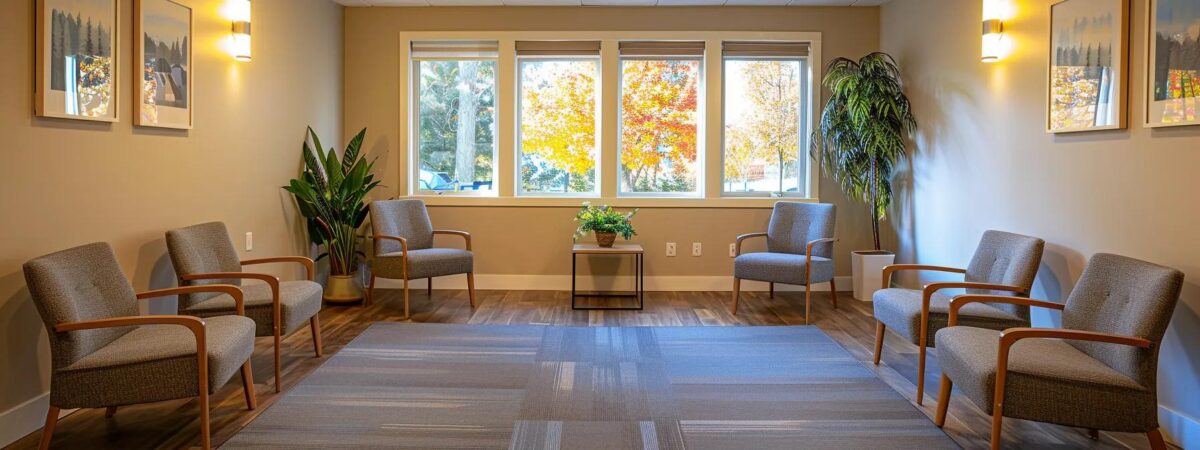 a modern therapy room in new hampshire, featuring a serene interior with comfortable seating arranged for a group session, illuminated by soft, ambient lighting that emphasizes the importance of discussing insurance coverage and treatment costs.