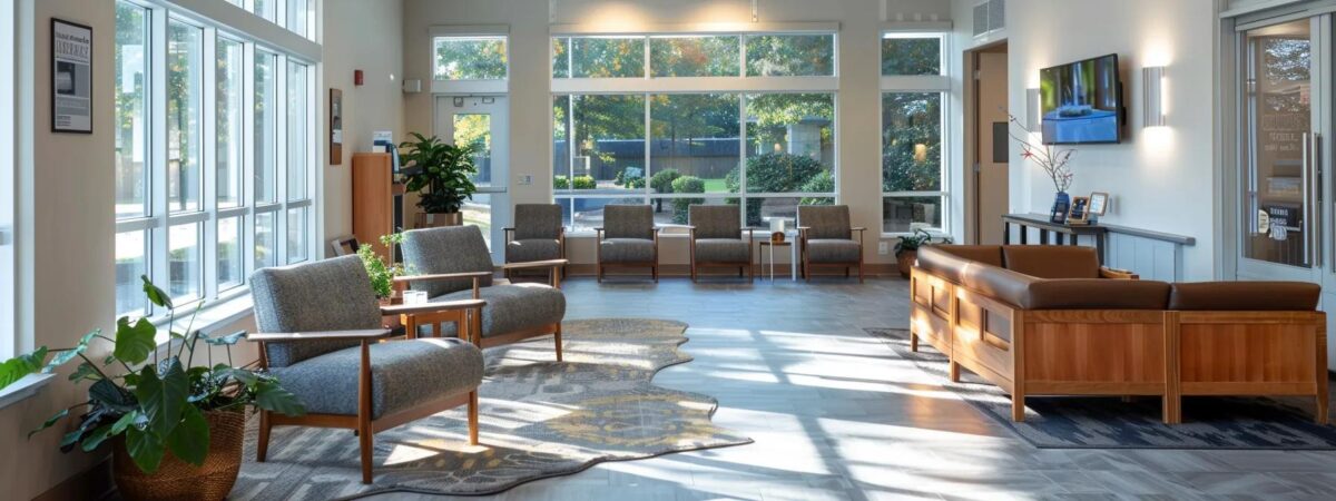 a modern treatment center in new hampshire, featuring a warm, inviting therapy room with personalized treatment plans displayed prominently on sleek digital screens, representing a tailored approach to recovery. a modern treatment center in new hampshire, featuring a warm, inviting therapy room with personalized treatment plans displayed prominently on sleek digital screens, representing a tailored approach to recovery.