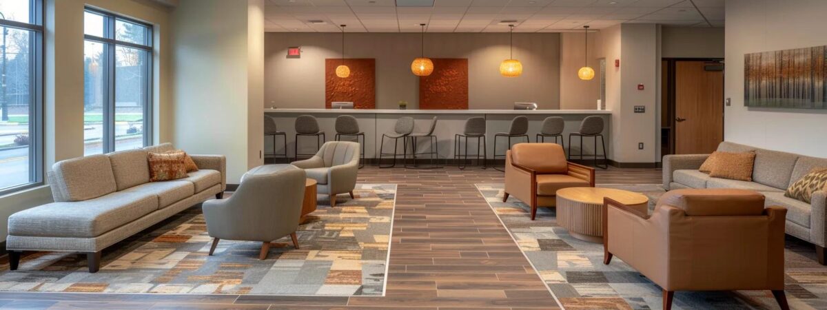 a modern treatment center in an urban new hampshire setting showcases welcoming facilities with comfortable seating and warm lighting, emphasizing a supportive environment for those seeking substance abuse recovery. a modern treatment center in an urban new hampshire setting showcases welcoming facilities with comfortable seating and warm lighting, emphasizing a supportive environment for those seeking substance abuse recovery.