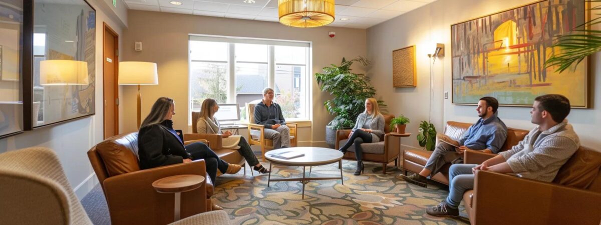 a modern, warmly lit therapy room in new hampshire, featuring a diverse group of engaged individuals participating in a specialized treatment session, emphasizing the collaborative and tailored approach to mental health care. a modern, warmly lit therapy room in new hampshire, featuring a diverse group of engaged individuals participating in a specialized treatment session, emphasizing the collaborative and tailored approach to mental health care.
