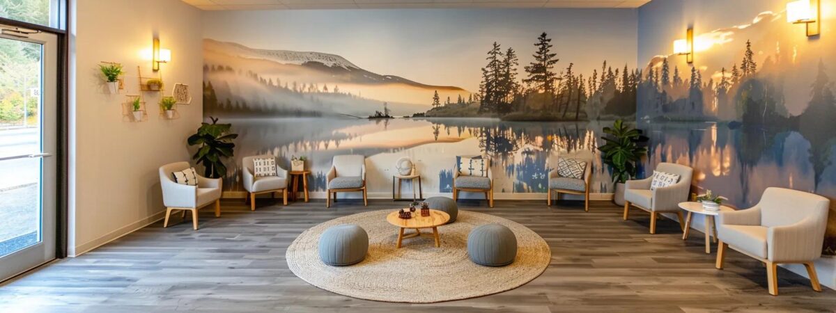 a serene and inviting therapy room in new hampshire, featuring comfortable seating arranged in a circle, soft ambient lighting, and an inspirational wall mural that reflects the local landscape, designed for group therapy sessions focused on recovery from addiction. a serene and inviting therapy room in new hampshire, featuring comfortable seating arranged in a circle, soft ambient lighting, and an inspirational wall mural that reflects the local landscape, designed for group therapy sessions focused on recovery from addiction.