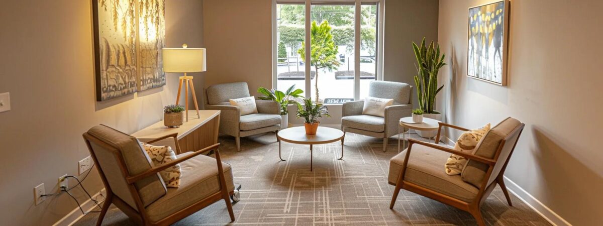 a serene and modern therapy room in new hampshire, featuring comfortable seating, soft lighting, and artful decor, creating a calm atmosphere for evidence-based addiction recovery sessions. a serene and modern therapy room in new hampshire, featuring comfortable seating, soft lighting, and artful decor, creating a calm atmosphere for evidence-based addiction recovery sessions.