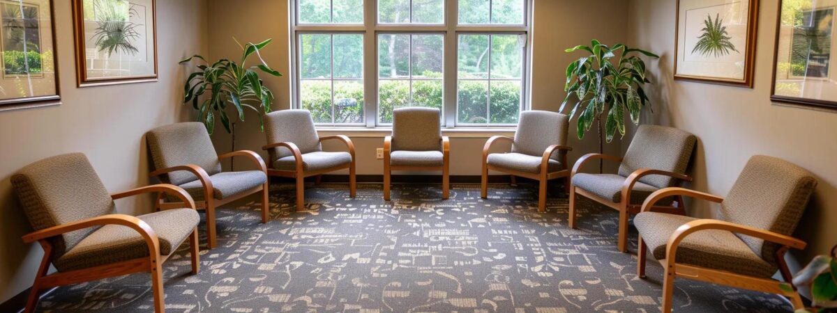 a serene indoor therapy room in new hampshire, featuring a circle of comfortable chairs with soft lighting, creating an inviting atmosphere for a group therapy session focused on diverse treatment modalities. a serene indoor therapy room in new hampshire, featuring a circle of comfortable chairs with soft lighting, creating an inviting atmosphere for a group therapy session focused on diverse treatment modalities.