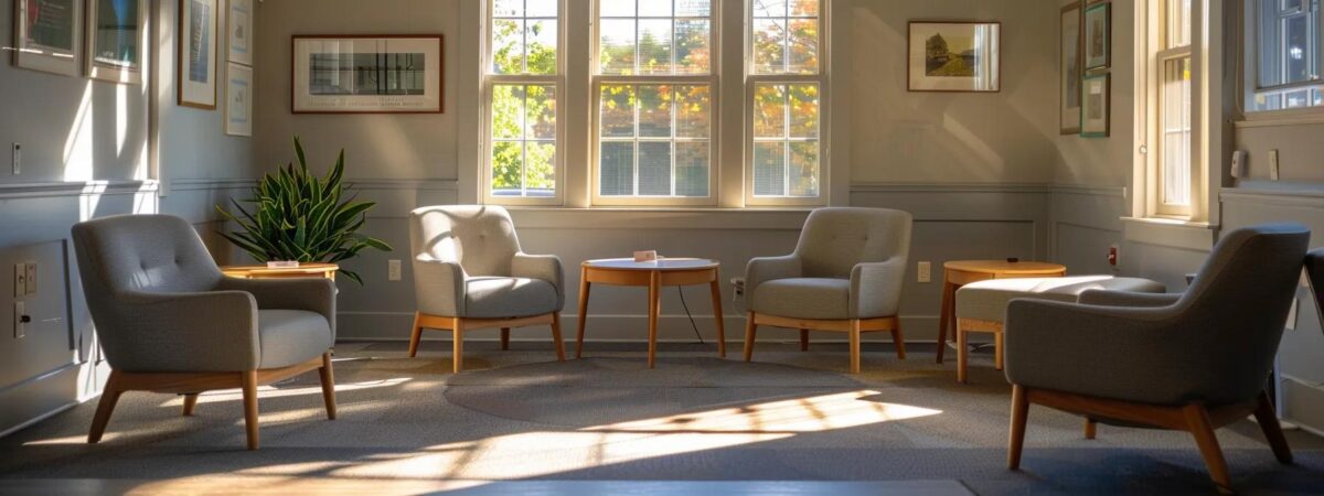 a serene, inviting therapy room set in new hampshire, featuring soft lighting and comfortable seating arranged to facilitate group discussions, embodying a sense of community and support for individuals in addiction recovery. a serene, inviting therapy room set in new hampshire, featuring soft lighting and comfortable seating arranged to facilitate group discussions, embodying a sense of community and support for individuals in addiction recovery.