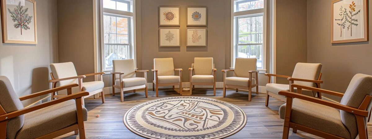 a serene, warmly-lit therapy room in new hampshire, featuring a circle of comfortable chairs arranged for a group therapy session, embodying a supportive environment for addiction recovery. a serene, warmly-lit therapy room in new hampshire, featuring a circle of comfortable chairs arranged for a group therapy session, embodying a supportive environment for addiction recovery.