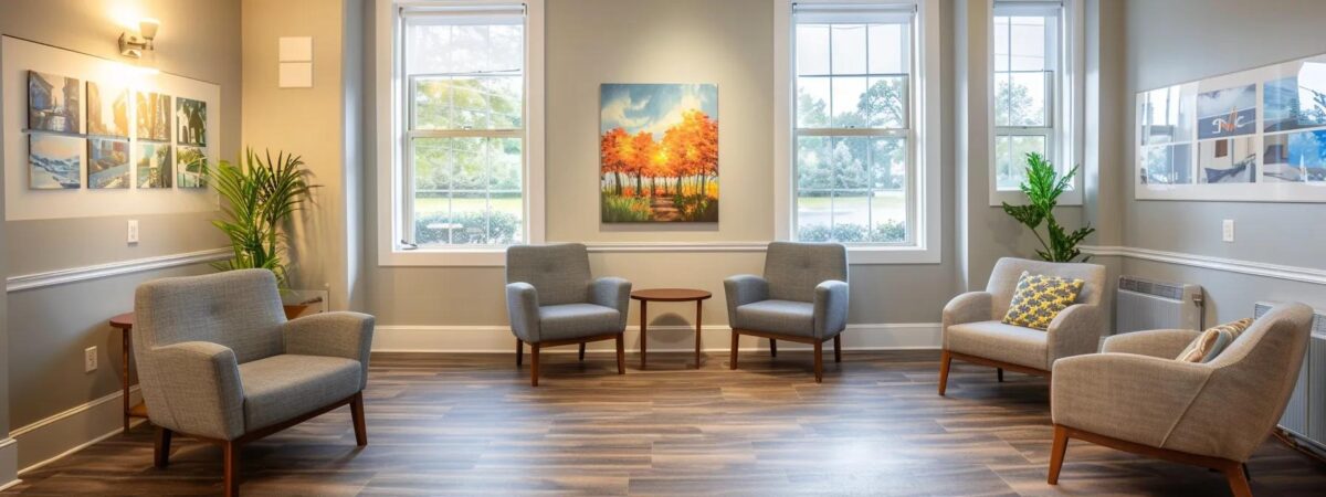 a serene, well-lit therapy room in new hampshire, featuring comfortable seating arranged for a group session, with soft, calming colors and motivational artwork on the walls, creating an inviting atmosphere for inpatient addiction treatment discussions. a serene, well-lit therapy room in new hampshire, featuring comfortable seating arranged for a group session, with soft, calming colors and motivational artwork on the walls, creating an inviting atmosphere for inpatient addiction treatment discussions.