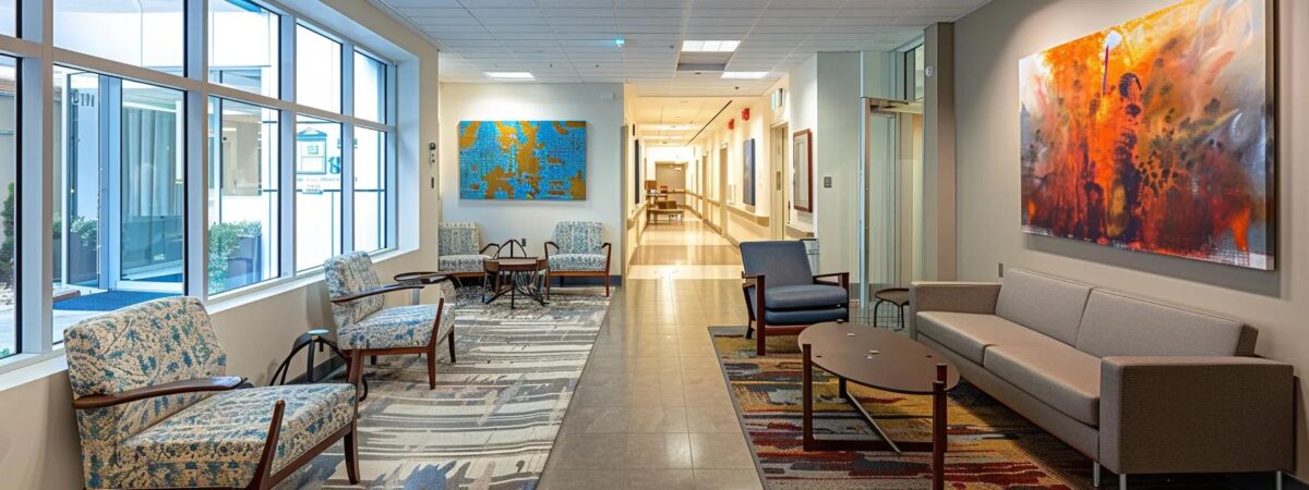 a serene, well-lit therapy room with comfortable seating, adorned with calming artwork, where individuals engage in a supportive group session discussing insurance options for addiction treatment.