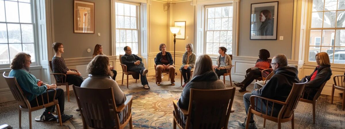 a serene yet somber group therapy session is set in a cozy new hampshire-style room, featuring individuals seated in a circle, visibly engaged and expressing concern, with warm lighting highlighting their emotional connection and the atmosphere of support. a serene yet somber group therapy session is set in a cozy new hampshire-style room, featuring individuals seated in a circle, visibly engaged and expressing concern, with warm lighting highlighting their emotional connection and the atmosphere of support.