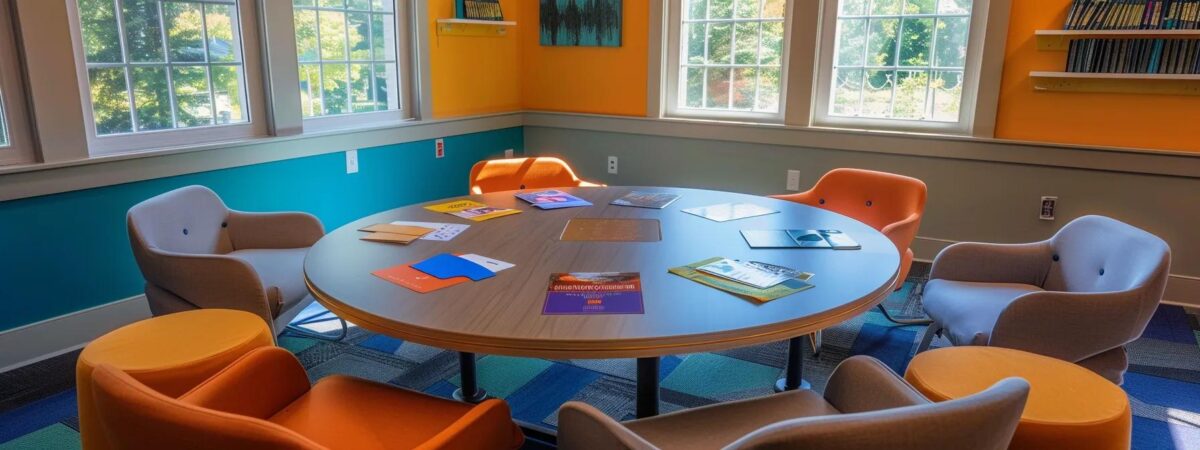 a sleek, modern therapy room in new hampshire features a round table with bright, engaging therapy materials scattered across it, complemented by warm, inviting lighting that creates a conducive atmosphere for discussing cbt, dbt, and medication-assisted treatment in an intimate setting. a sleek, modern therapy room in new hampshire features a round table with bright, engaging therapy materials scattered across it, complemented by warm, inviting lighting that creates a conducive atmosphere for discussing cbt, dbt, and medication-assisted treatment in an intimate setting.