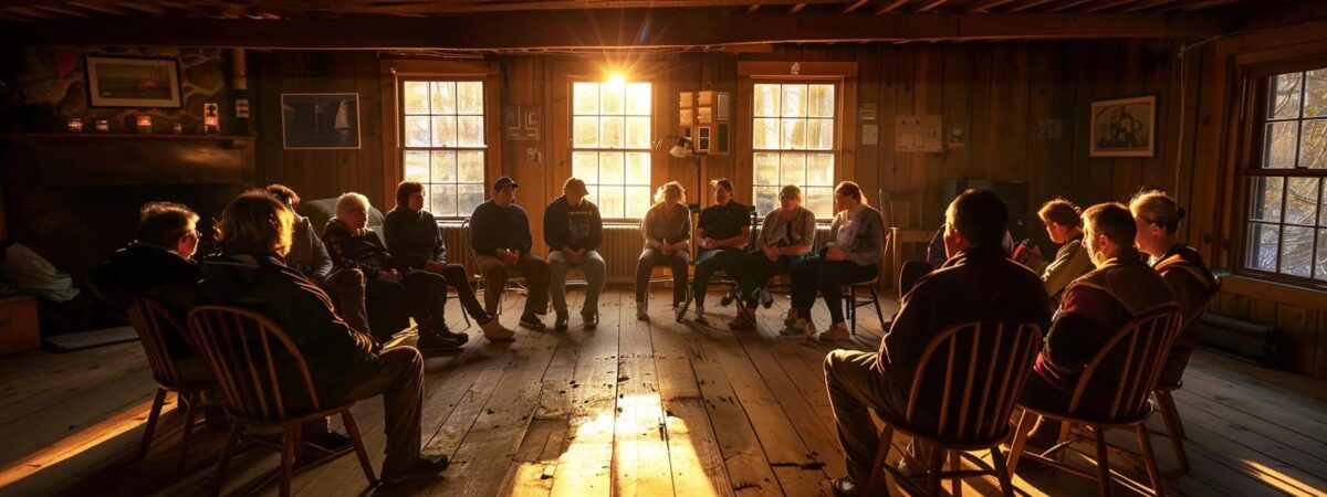 a somber group therapy session unfolds in a warmly lit, rustic new hampshire room, where individuals sit attentively in a circle, reflecting the complex dynamics of addiction and its profound impact on personal relationships and social interactions. a somber group therapy session unfolds in a warmly lit, rustic new hampshire room, where individuals sit attentively in a circle, reflecting the complex dynamics of addiction and its profound impact on personal relationships and social interactions.