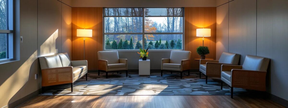 a somber yet striking office environment in new hampshire, featuring a modern therapy room with comfortable seating and soft ambient lighting, symbolizing the complex interplay between addiction and co-occurring mental health disorders, inviting introspection and healing. a somber yet striking office environment in new hampshire, featuring a modern therapy room with comfortable seating and soft ambient lighting, symbolizing the complex interplay between addiction and co-occurring mental health disorders, inviting introspection and healing.