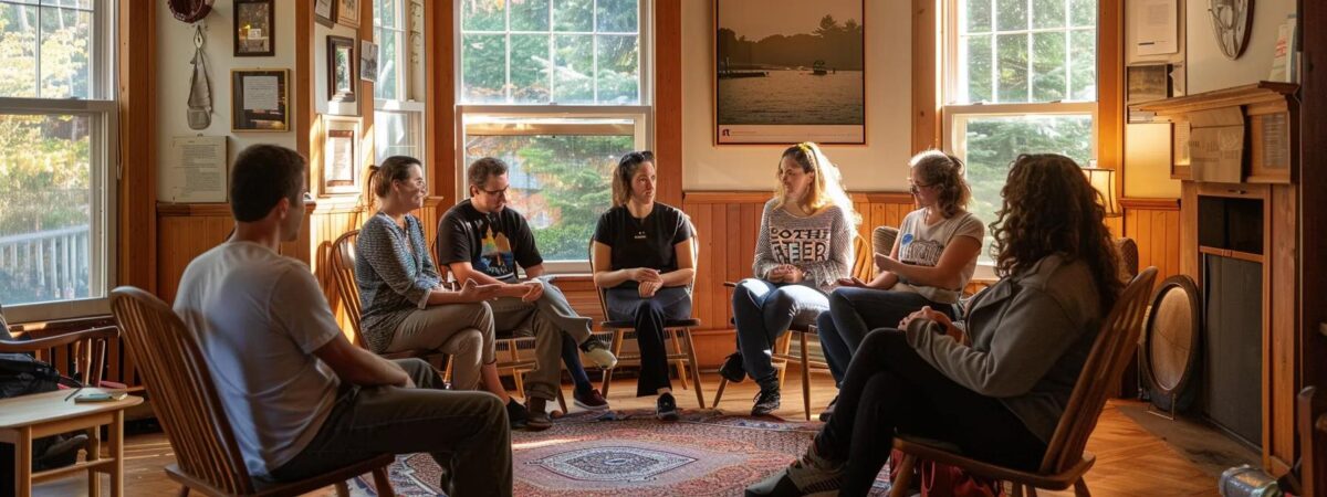 a tranquil group therapy session unfolds in a cozy, well-lit new hampshire-style room, where participants engage deeply in discussion, reflecting a sincere commitment to uncovering the root causes of addiction beyond mere detoxification. a tranquil group therapy session unfolds in a cozy, well-lit new hampshire-style room, where participants engage deeply in discussion, reflecting a sincere commitment to uncovering the root causes of addiction beyond mere detoxification.