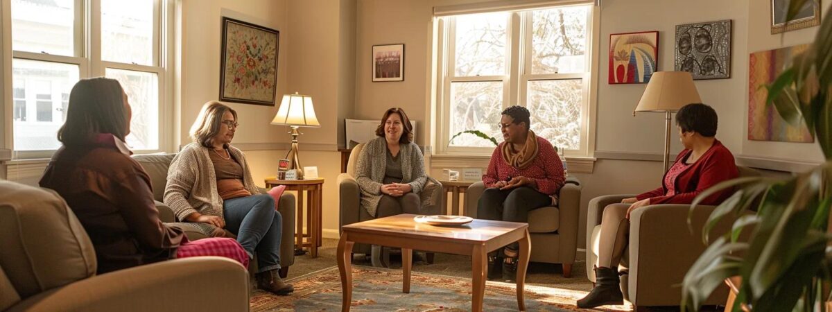 a warm and inviting therapy room in new hampshire, featuring a diverse group of individuals engaged in a supportive discussion, surrounded by soft lighting and comfortable furnishings that reflect a sense of tranquility and community. a warm and inviting therapy room in new hampshire, featuring a diverse group of individuals engaged in a supportive discussion, surrounded by soft lighting and comfortable furnishings that reflect a sense of tranquility and community.