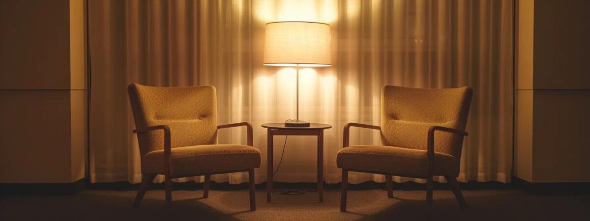 a warm, inviting office space with two chairs facing each other, softly illuminated by a lamp, creating an atmosphere of empathy and understanding, perfect for a sensitive conversation about addiction. a warm, inviting office space with two chairs facing each other, softly illuminated by a lamp, creating an atmosphere of empathy and understanding, perfect for a sensitive conversation about addiction.