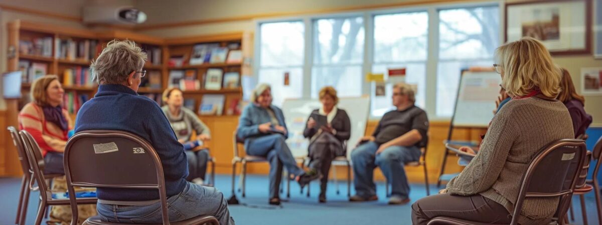 a warm, inviting support group meeting in a well-lit new hampshire community center, featuring a diverse group of family members engaged in a heartfelt discussion about addiction recovery, with educational materials and resources visibly placed around them. a warm, inviting support group meeting in a well-lit new hampshire community center, featuring a diverse group of family members engaged in a heartfelt discussion about addiction recovery, with educational materials and resources visibly placed around them.