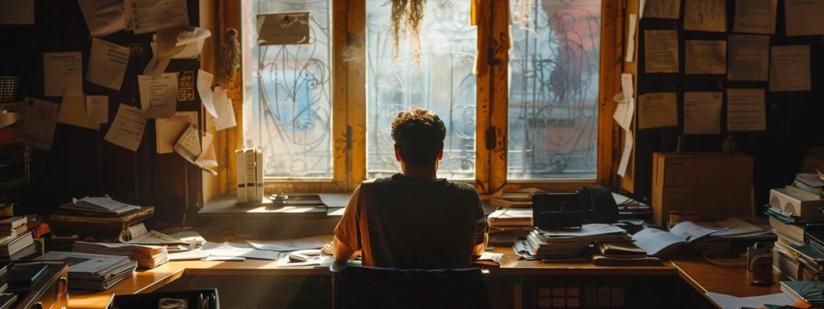 an emotionally charged office setting captures a solitary figure gazing out through a window, surrounded by cluttered paperwork, symbolizing the internal struggle of addiction and the unraveling of responsibilities. an emotionally charged office setting captures a solitary figure gazing out through a window, surrounded by cluttered paperwork, symbolizing the internal struggle of addiction and the unraveling of responsibilities.