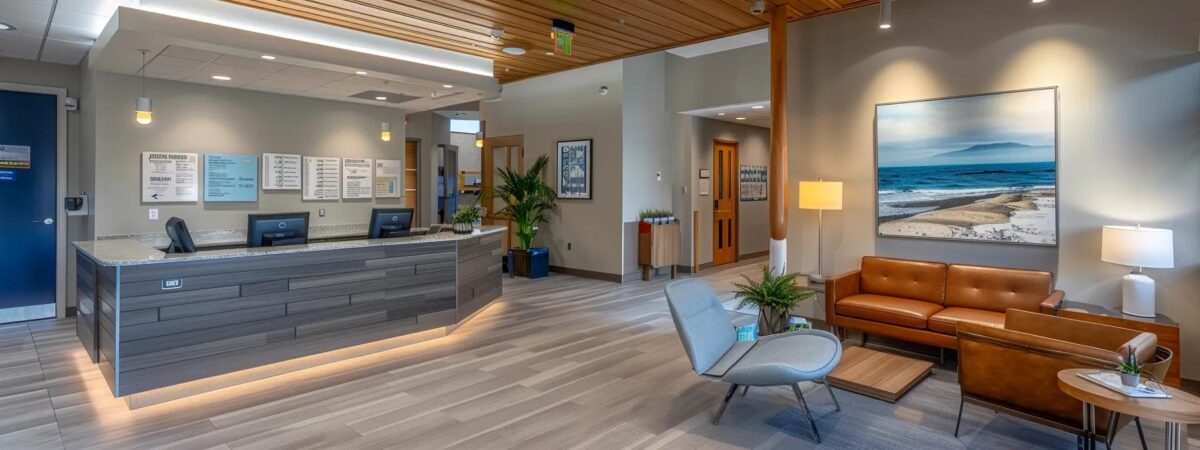 an inviting recovery program office in new hampshire features a modern design with warm lighting, showcasing brochures on insurance options and accessibility alongside a welcoming reception area that emphasizes flexibility in treatment accessibility for various individuals. an inviting recovery program office in new hampshire features a modern design with warm lighting, showcasing brochures on insurance options and accessibility alongside a welcoming reception area that emphasizes flexibility in treatment accessibility for various individuals.