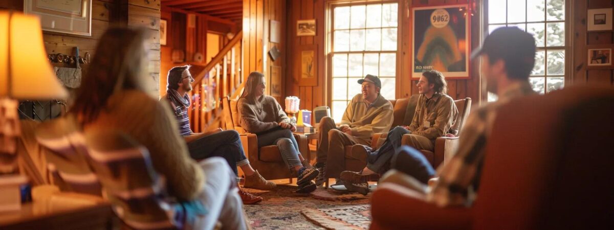 a warm and inviting group therapy session takes place in a cozy, new hampshire-style room, with participants engaged in dynamic conversation, surrounded by rustic décor that emphasizes personal growth and recovery. a warm and inviting group therapy session takes place in a cozy, new hampshire-style room, with participants engaged in dynamic conversation, surrounded by rustic décor that emphasizes personal growth and recovery.