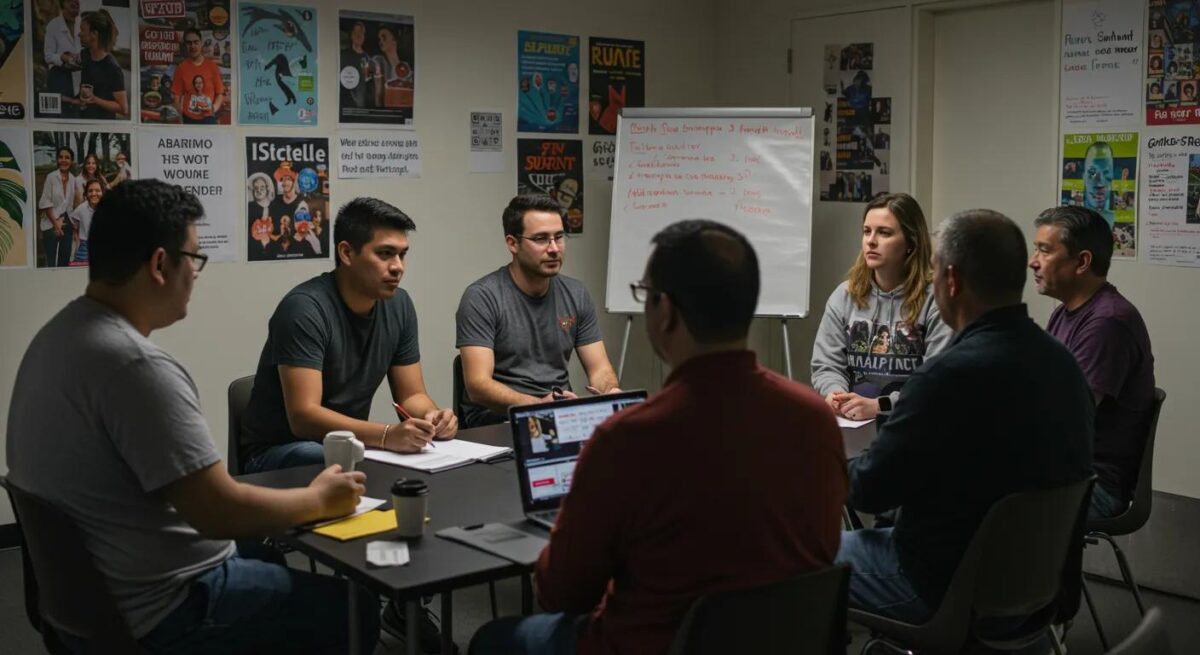 a focused group session in a modern nh support group setting, where individuals engage in discussion around relapse prevention strategies, surrounded by inspiring motivational posters and a welcoming, structured atmosphere.
