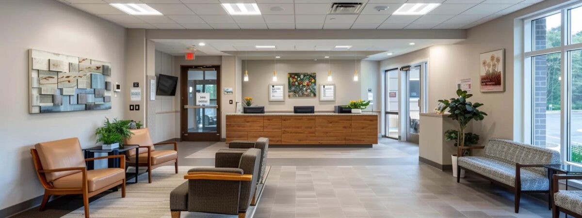 an inviting reception area of a modern addiction treatment center in new hampshire, featuring warm lighting, comfortable seating, and calming decor that emphasizes support and recovery.